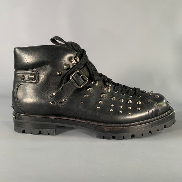 PRADA Size 12 Black Studded Leather Ankle Boots main image 8